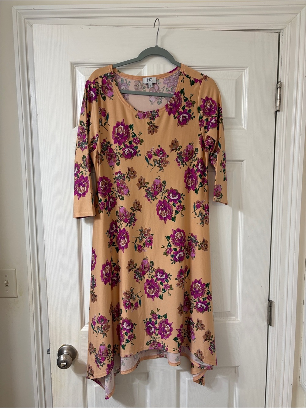 Asymmetrical Floral Dress in Mustard with Magenta Blooms